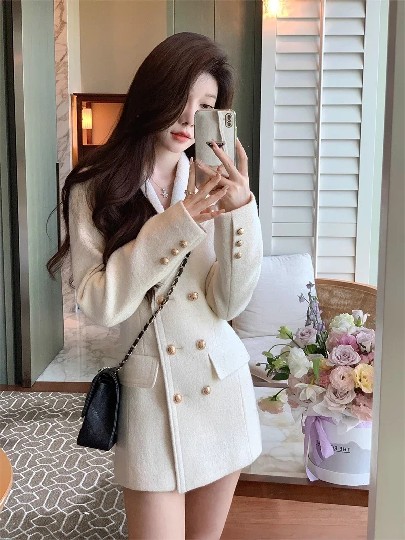 Elegant Women's Double-breasted Suit Jacket 2024 Autumn and Winter Waist Slim-fit Woolen Coat Mid-length Office Lady Suit Top