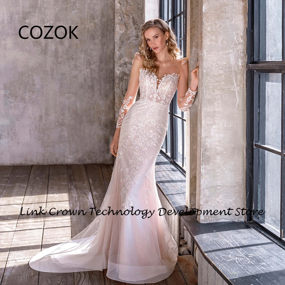 COZOK Luxury Detachable Train Wedding Dresses with Lace 2024 Sweep Train Full Sleeve Bridal Gowns for Princess Vestidos De Novia