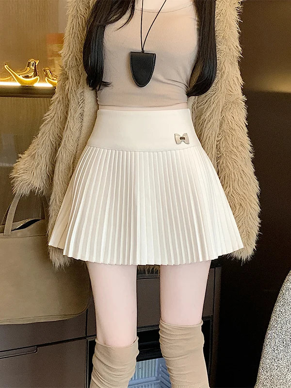 White Tennis Wool Plaid A-Line  Skirt Women's Winter Thick High Waist Knitted Short Skirt Commute Style High Waist Design