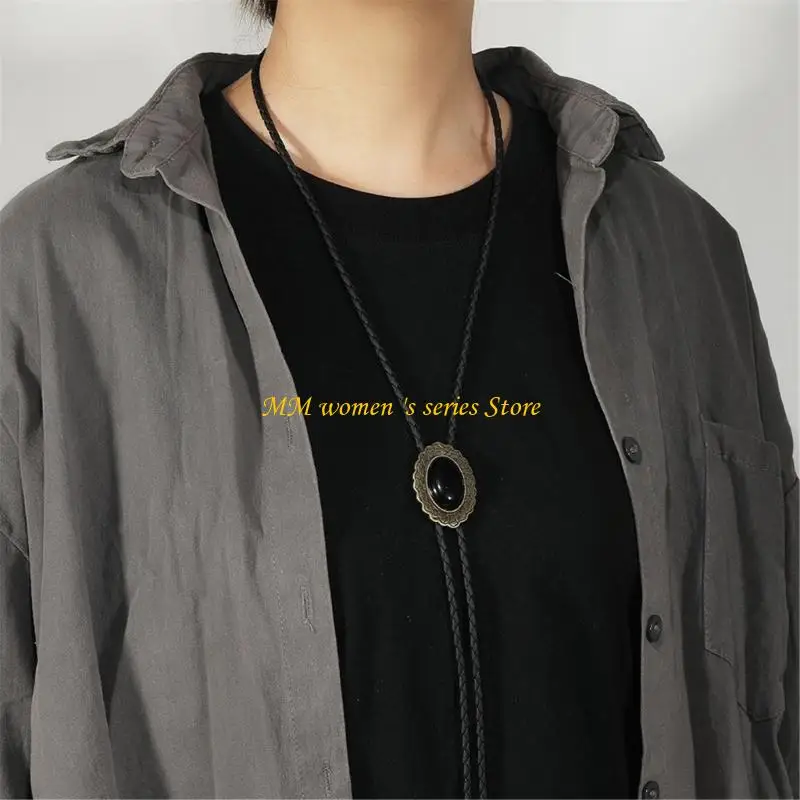 Q39C ربطة عنق بولو جلدية غربية قابلة للتعديل بحجر أسود عتيق للحفلات والمناسبات #5