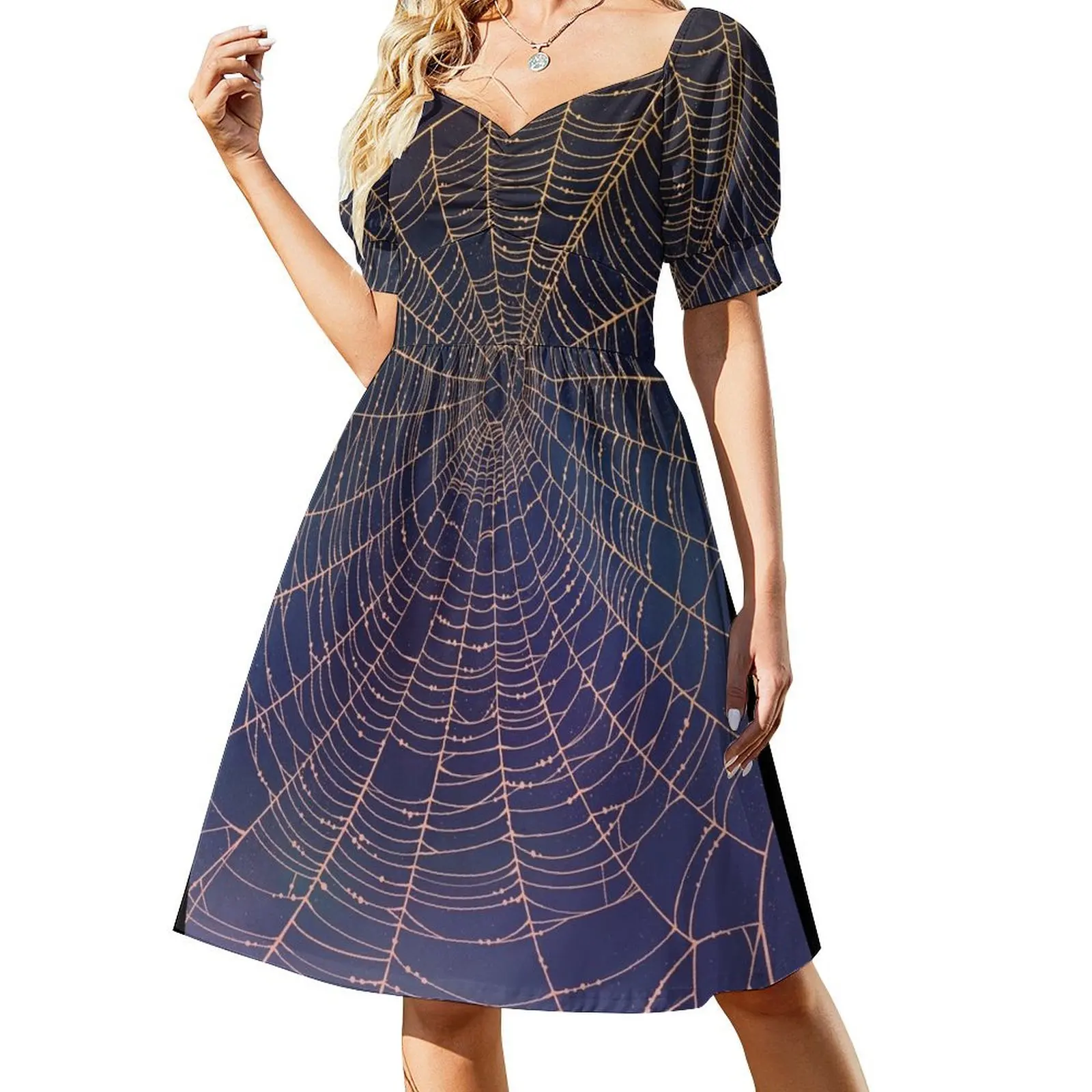 

Spider Web With Dew Drops, Night Sky Short Sleeved Dress Long veiled dresses elegant dress summer dresses women 2025 Dress