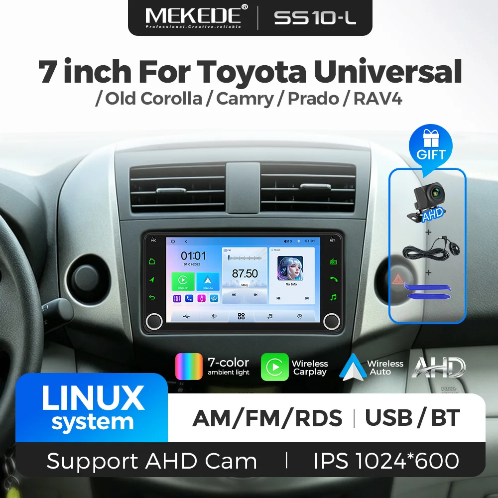 MEKED 7-Zoll Linux Autoradio mit Wireless CarPlay und Android Auto für Toyota Yaris, Corolla, RAV4, Avensis, Aygo, Prius, Universeller Multimedia 4K-Player mit Rückfahrkamera-Display.