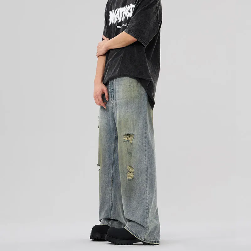 Summer Thin Washed Make Old Ripped Jeans Men's Retro Nostalgic Loose Straight Korean Style Street Style Trendy Wide Leg Pants