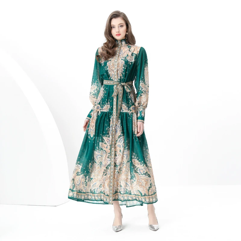 

Early Spring 2025-Vacation Style Retro Stand Collar Single-Breasted Printed Wide Swing Long Dress