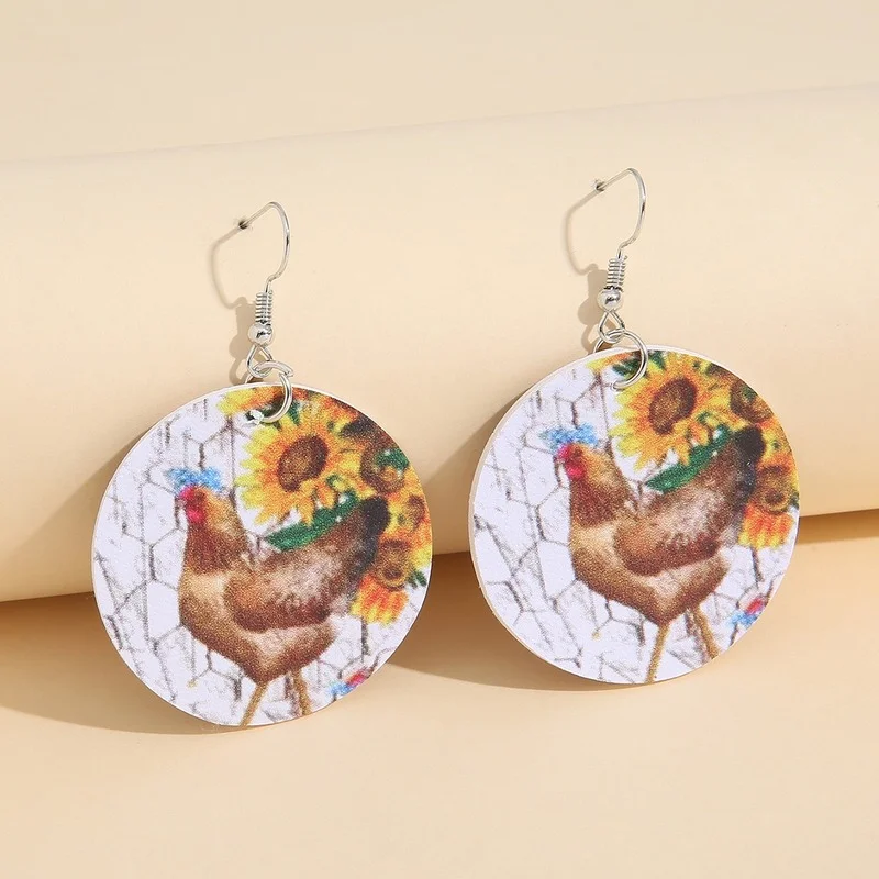 2022 European and American New Round Double-sided Printing Hen Sunflower Leather Earrings Creative Farm Pu Jewelry for Women