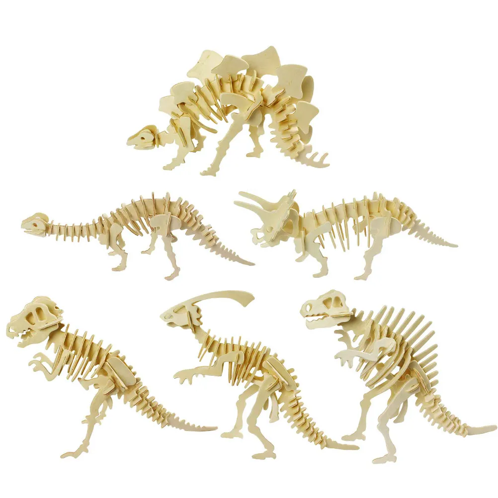 

6Pcs Wooden 3D Dinosaur Puzzle Set for Kids Educational Activity Tyrannosaurus Stegosaurus
