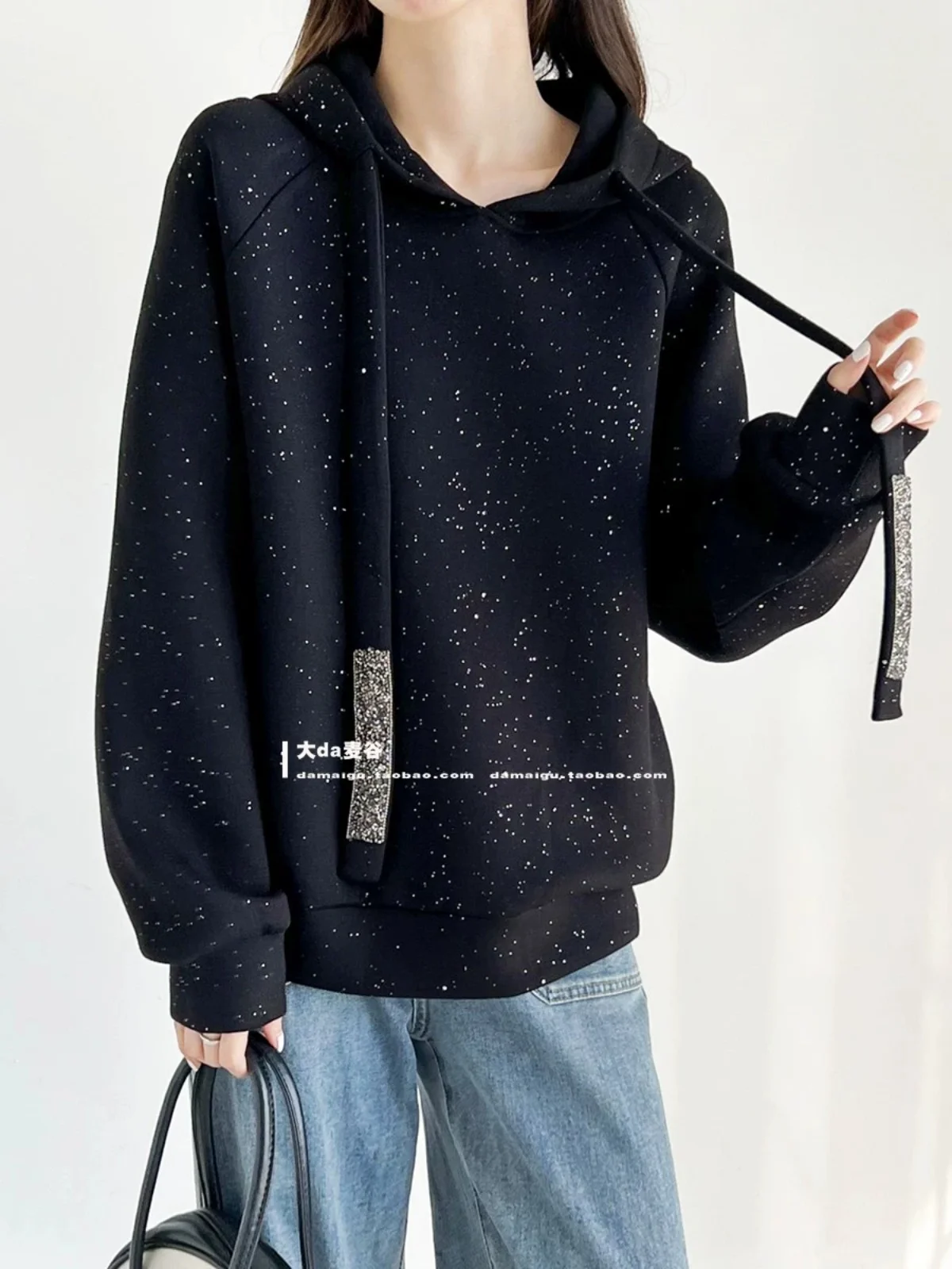 Luxury Rhinestone Sequined Space Cotton Hoodies Women 2024 Spring New Hooded Casual Long Sleeves Pullover SweatShirt Female