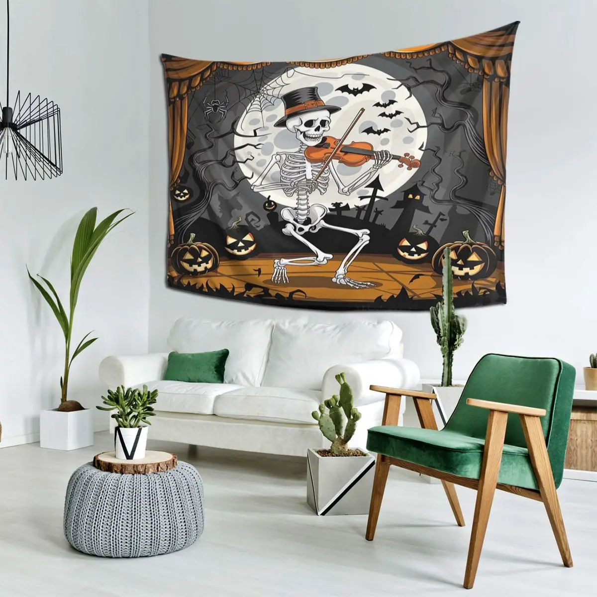 Halloween Skeleton With Violin Tapestry Hippie Wall Hanging Aesthetic Home Decoration Tapestries for Living Room Dorm Room