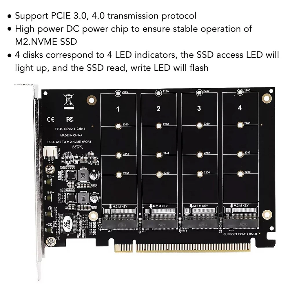 4 Port M.2 NVMe SSD To 3.0 4.0 X16 Expansion Card 4x32Gbps Adapter With LED For Desktop Server Storage For Test Tool