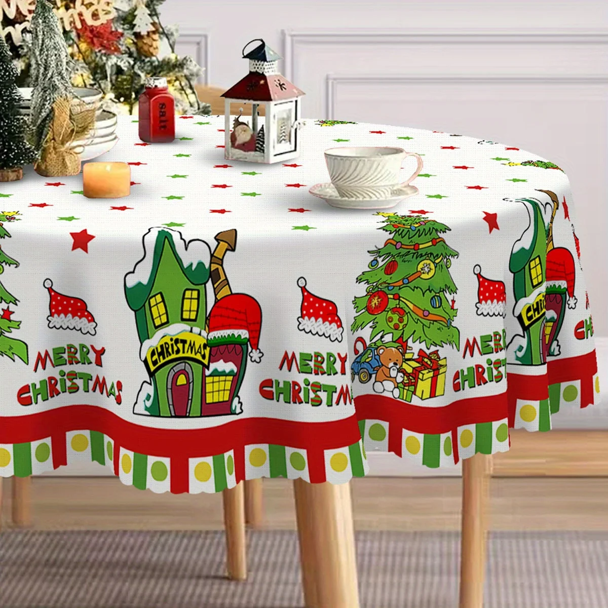 1-Pack Fun Green Christmas Tree Tablecloth - Made of Vivid Polyester for Holiday Party Decorations