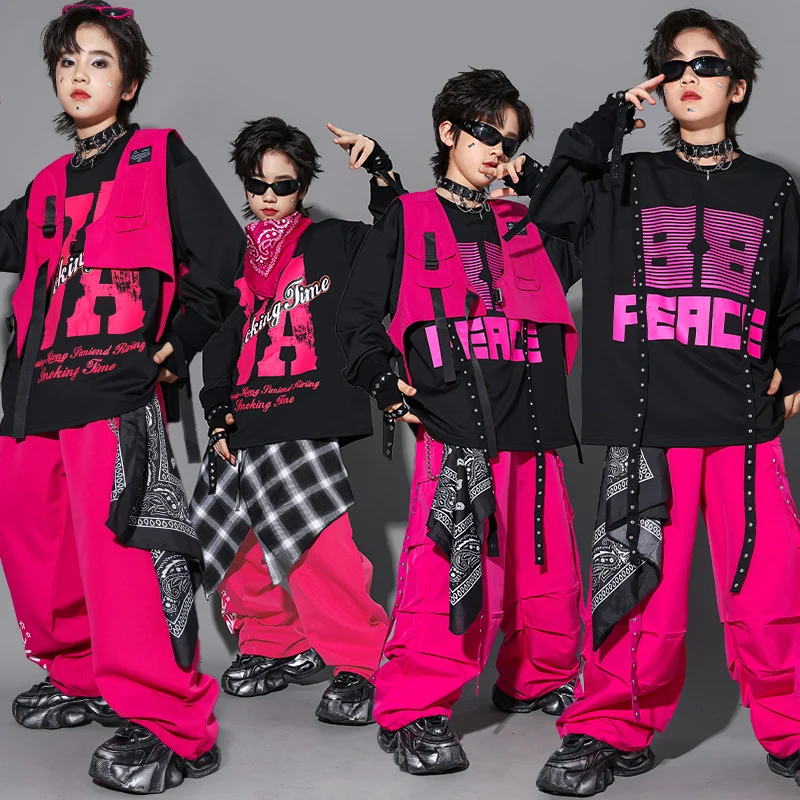 

Детская уличная одежда K-pop в стиле хип-хоп, свитшот с розой для мальчиков, жилет, штаны с граффити-каго, комплект одежды для уличных танцев для девочек, детский джазовый костюм