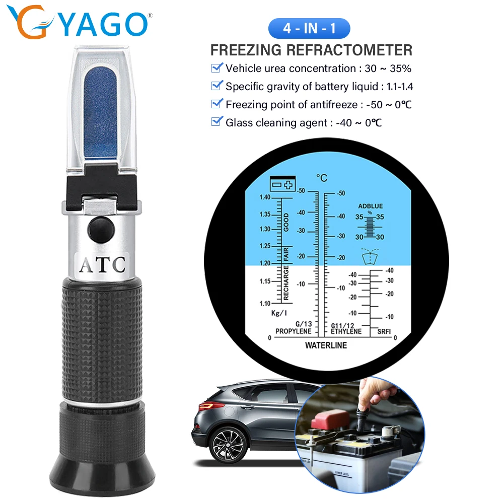 Freezing Point Meter Refractometer Car Urea30~35%/Antifreeze-50-0℃/Glass-40-0℃/Battery1.1-1.4 Measuring Concentration Detector