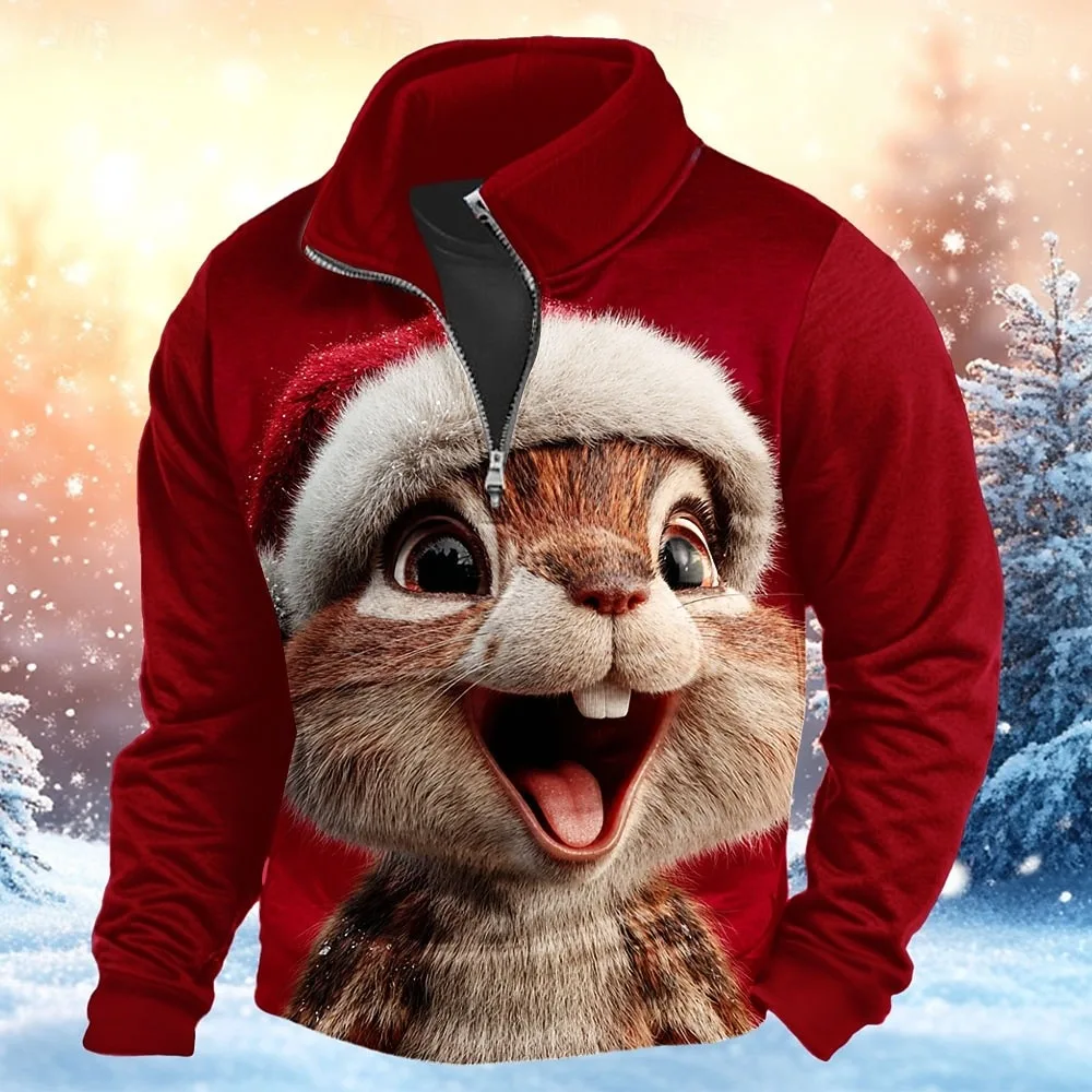 

Christmas Men's Animal 3D Printed Half Zipper Long Sleeve Sweatshirt Autumn Christmas Clothing Fashion Stand up Collar Loose Top