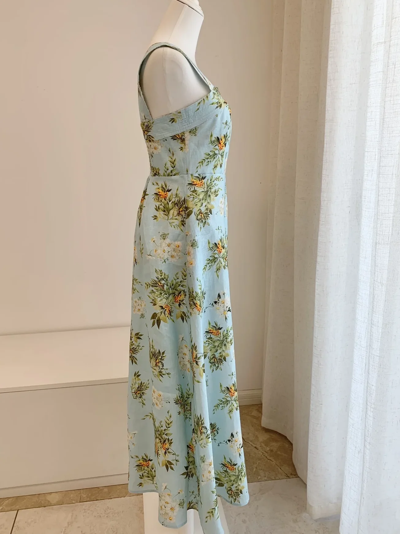 Vestido largo femenino de vacaciones de cintura alta sin mangas con cuello cuadrado 100% de lino con estampado Floral azul para mujer