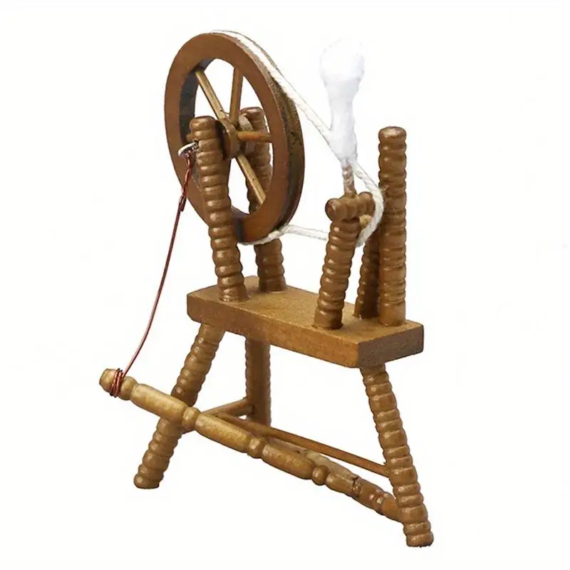 1 12 Scale Miniature Hand Reeling Machine Wooden Spinning Wheel Retro Brown
