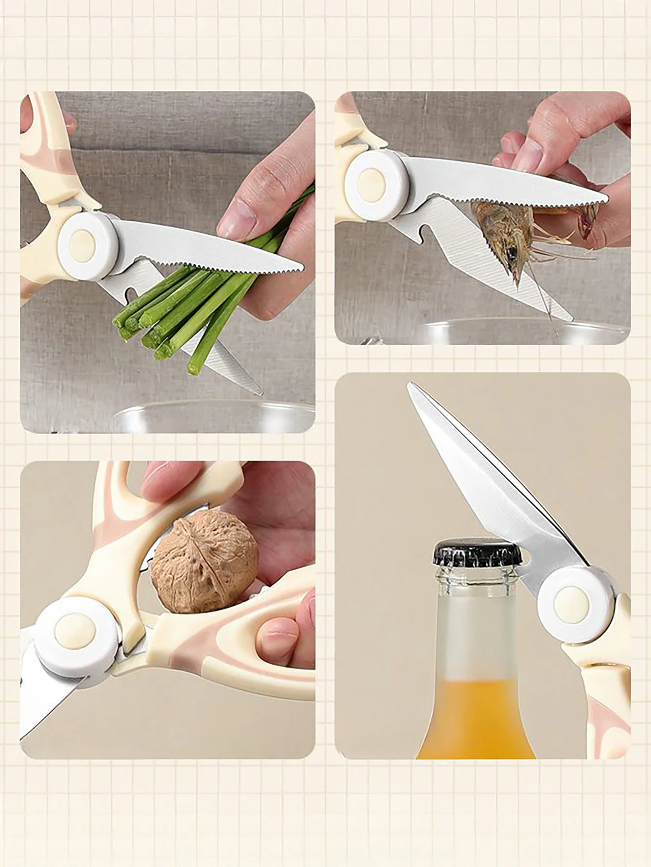 3-Piece Kitchen Tool Set - Pastel Beige  Multifunctional Scissors & Peeler for Cooking