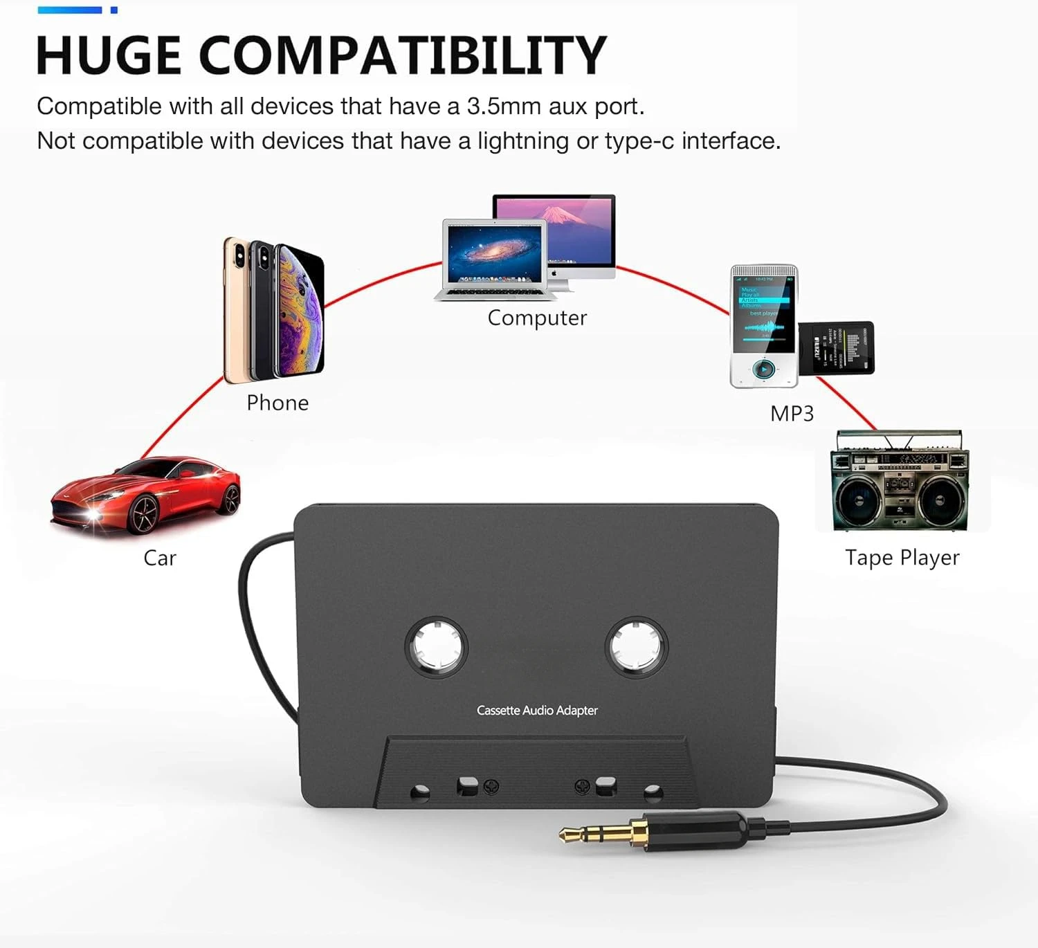 Adaptador auxiliar de cassete de carro, adaptador de fita de cabo de áudio universal de 3,5 mm para carro, telefone, MP3 etc. Preto