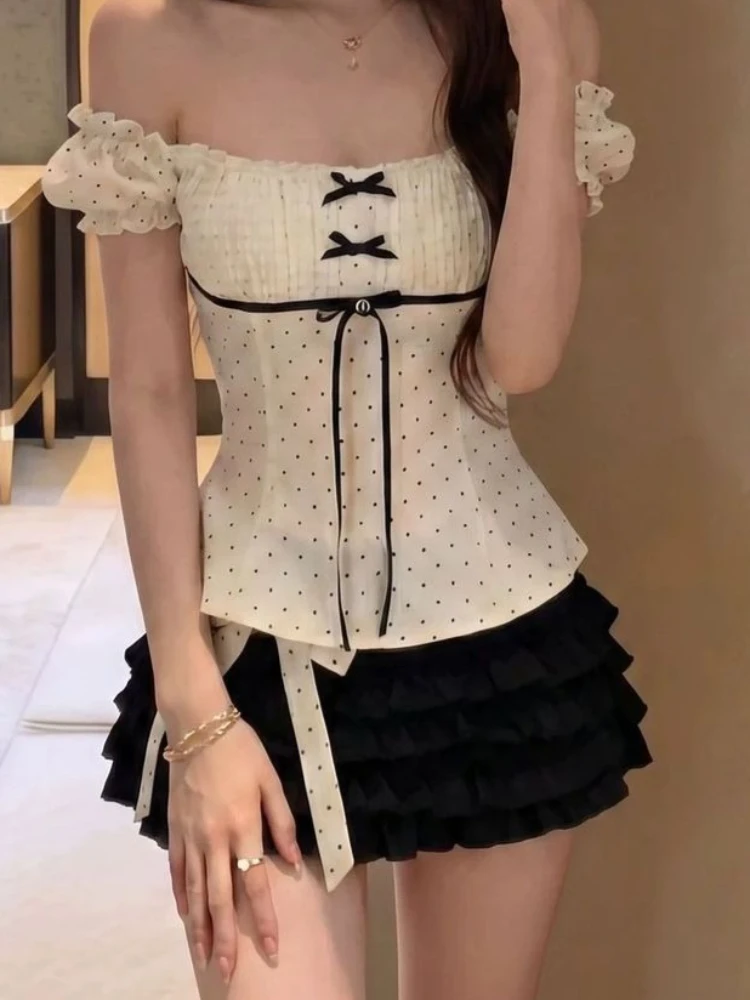 French Sweet Sexy Elegant 2 Piece Set Women Chic Polka Dot Slash Neck Tops + Mini Skirts Japanese Causal Vintage Lovely Outfits image 6