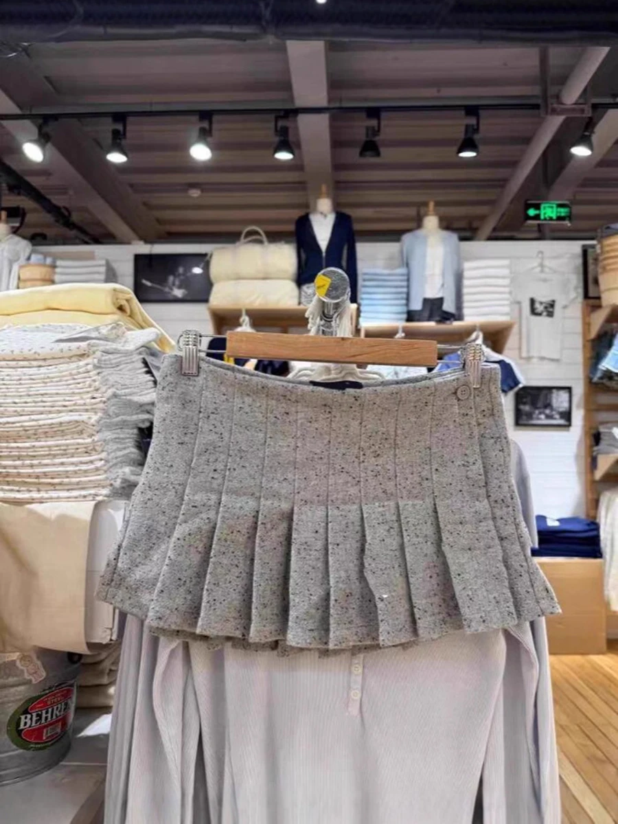 

Gray Woolen Mini Pleated Skirt Women Autumn Button-up Low Waist A-line Faldas Bottom Female Preppy Style Sweet Cute Short Skirts