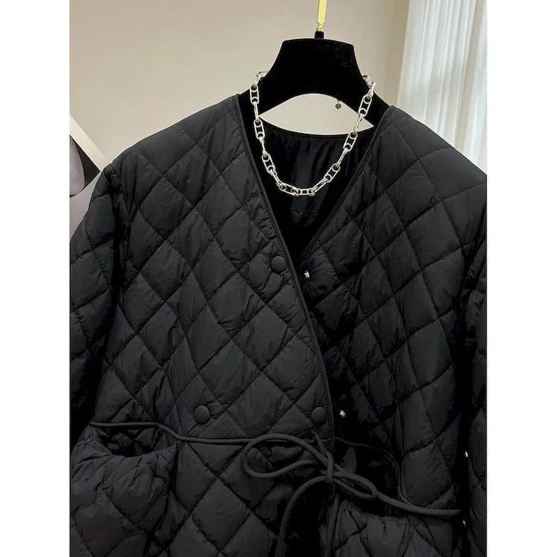 Pop Quilted Coats Women Rhombic Lightweight Cotton Added Korean Style V-neck Lace-up Jackets Casual Vintage Winter Clothes Women