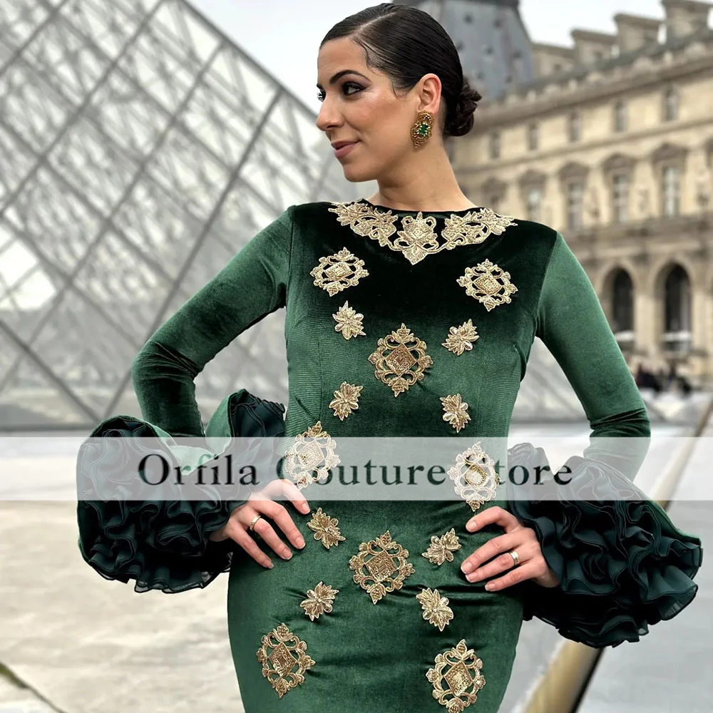 Gypsy Girls Dancing Prom Dress for Women Long Sleeves Green Velvet Beads Formal Party Gowns Ruffles Evening Gowns Custom