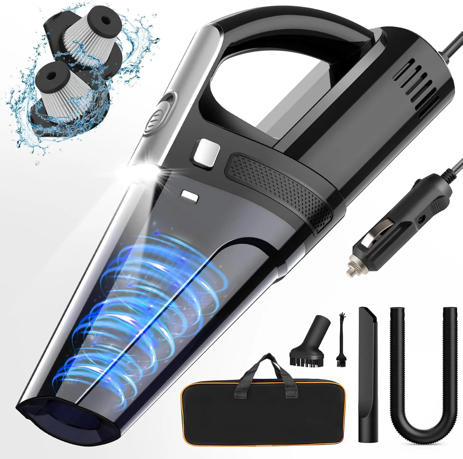 

7000PA Car Vacuum Cleaner, Portable Handheld with LED Light, 16.4ft Cord, Lightweight 1.75lbs, HEPA Filter