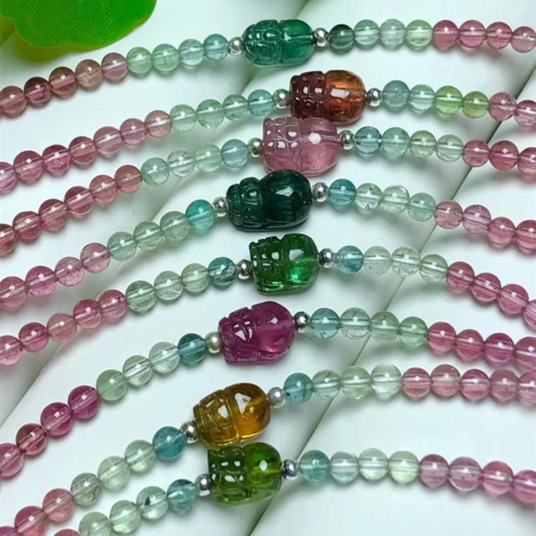 

1 Pc Fengbaowu Natural Multicolored Gem Tourmaline Pixiu Chain Bracelet Round Beads 925 Sterling Silver Fashion Jewelry Gift