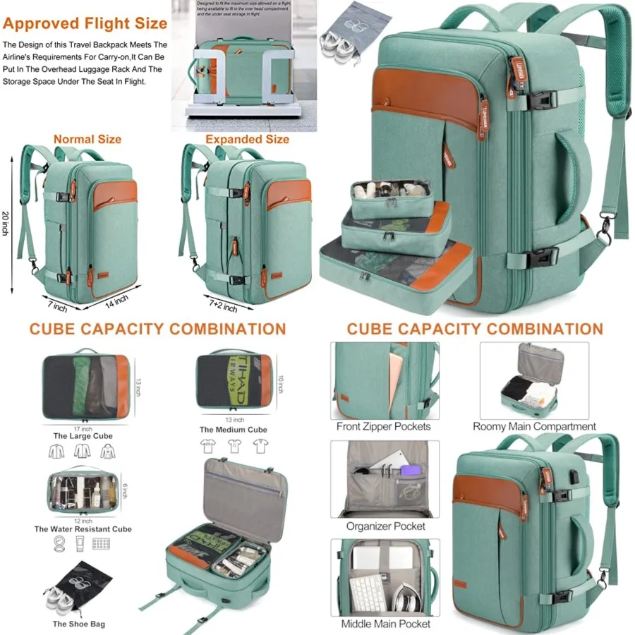 

Carry on Travel Backpacks, Extra Large 40L Flight Approved Bag for Men and Women, Expandable Suitcase Backpack With 4 Packing C