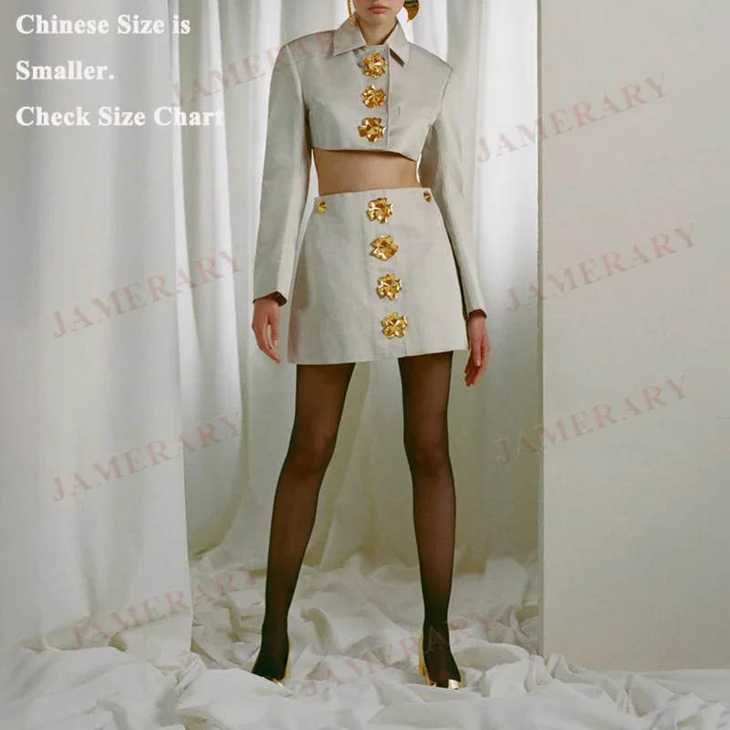 

Light Luxury Quality Autumn Two-Piece Set Women Single Breasted Bead Gold Button Jacket Suit Coats Mini Short Skirts Suits