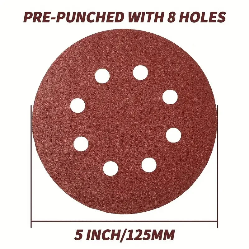 100Pcs 125mm Sandpaper Round Shape Sanding Discs Hook Loop Sanding Paper Buffing Sheet Sandpaper 8 Hole Sander Polishing Pad