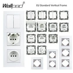 EU Glass Vertical Panel White Wall Rocker Switc German Russia Socket USB Type-A & C Charger Internet Satellite TV Module DIY