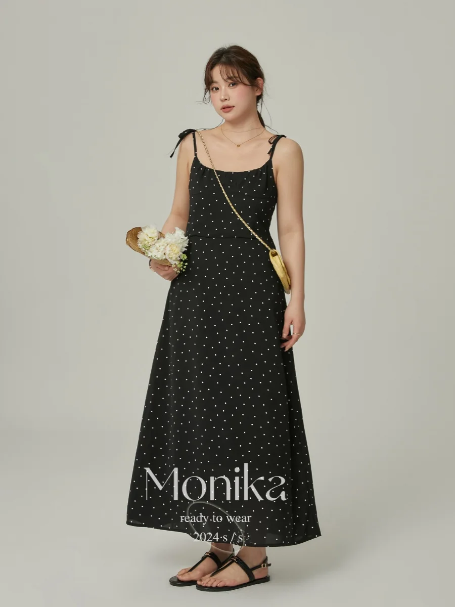 

Monika plus Size Polka Dot Sleeveless Belted Halter Dress Women's Summer Slimming Fashionable Skirt Korean Style A-Line Dress