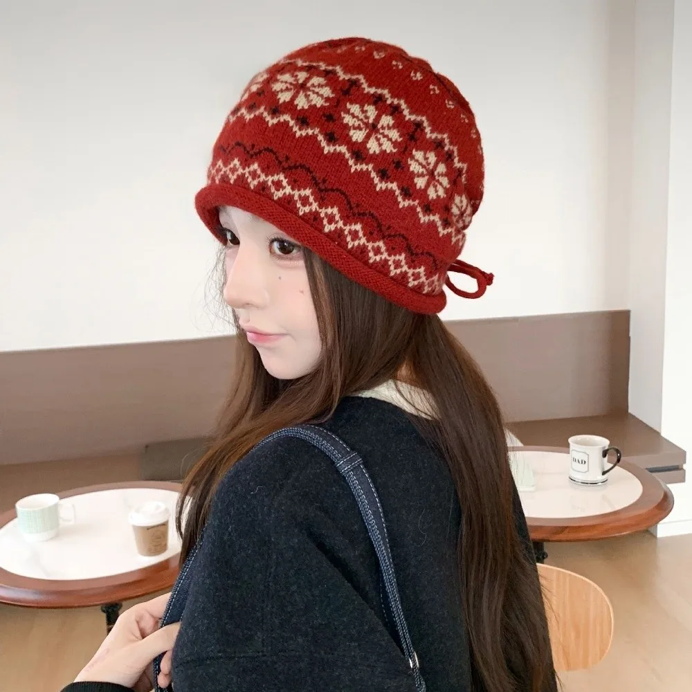 Fair Isle Pattern Knit Beanie Drawstring Roll Brim Thick Knit Beanie Jacquard Knitted Large Head Circumference Slouchy Hat