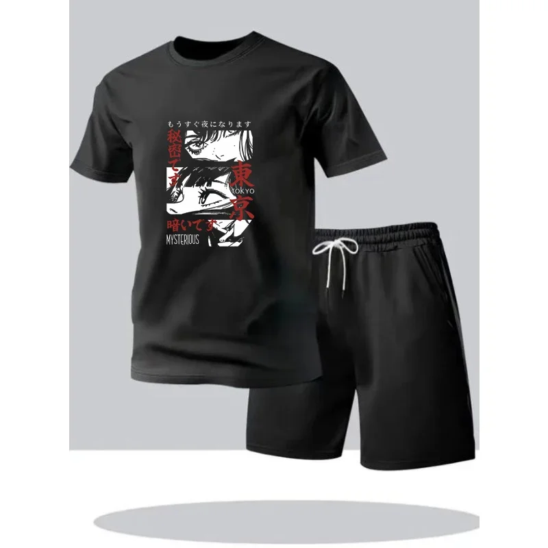 

Men Japanese Anime Tokyo Mysterious Graphic T-Shirt And Shorts Set Summer Casual Streetwear Two Piece Outfit