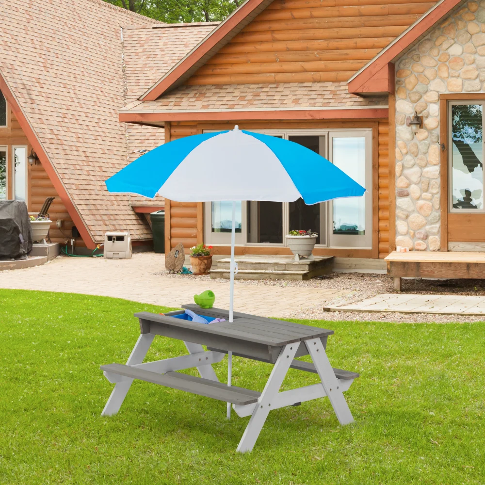 

Wooden Kids Picnic Table,Sand and Water table with Adjustable Umbrella,suitable for Outdoor Backyard Patio Play,Color:White+gray