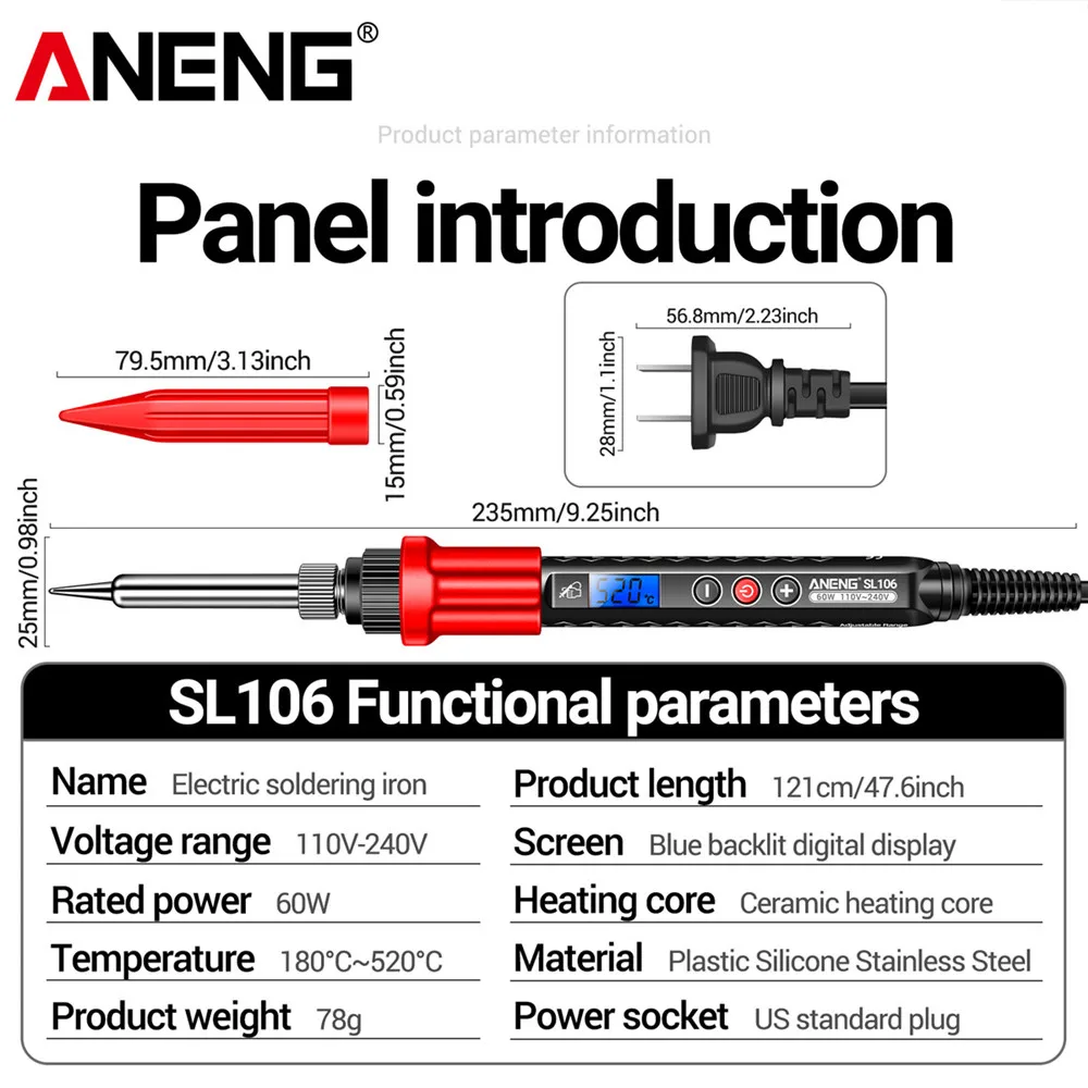 ANENG SL106 60W Digital EU Plug Electric Soldering Iron Temperature Adjustable 220V Welding Ceramic Heating Core Soldering Tool