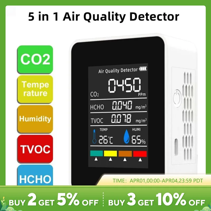 5IN1 1.9inch hộ gia đình 240*280 độ phân giải màu hiển thị chất lượng không khí Detector hcho TVOC CO2 nhiệt độ độ ẩm Tester