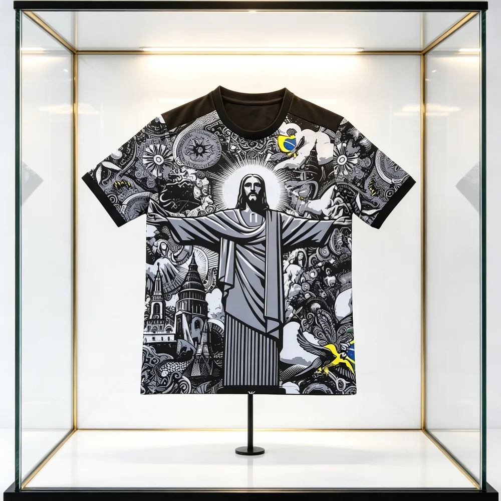 T-shirt de football édition spéciale Brésil 2026 Jesus noir et gris – Tenue d'entraînement de football d'été, vêtements de sport et streetwear pour toute la famille et les enfants