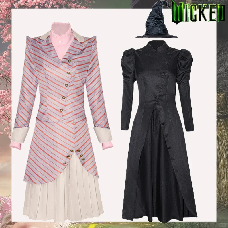 

2025 Movie Wicked Elphaba Glinda Cosplay Costume Black Witch Robe Hat Uniform Pink Dress Suit Halloween Party Outfits for Women