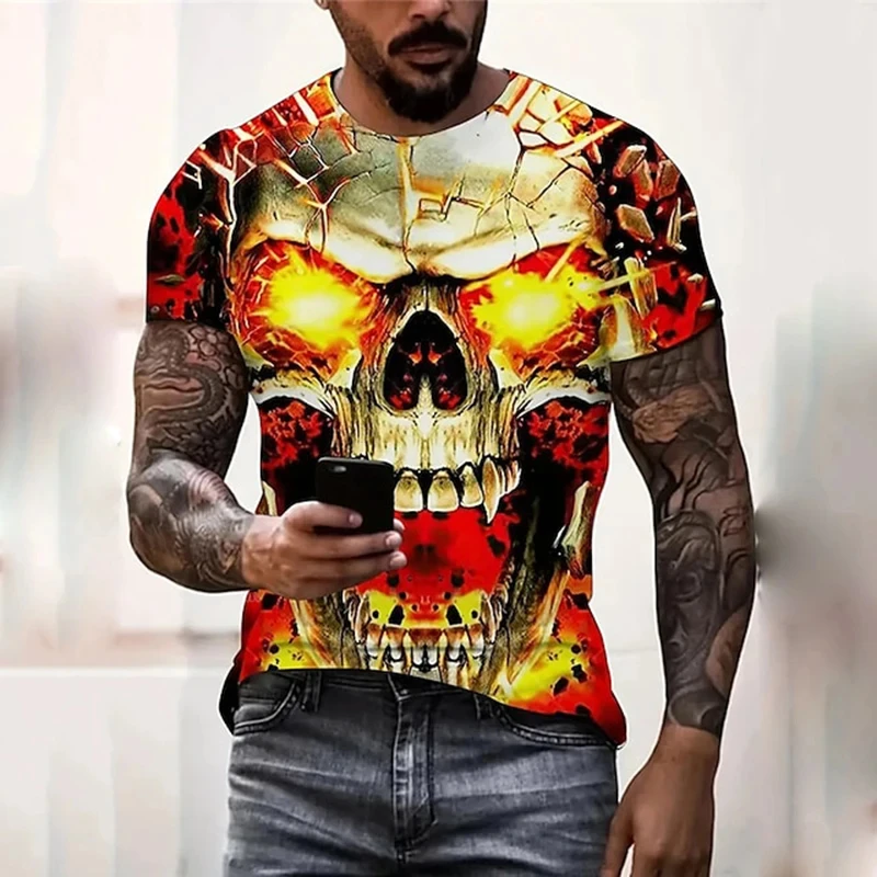 

2024 New Trend Men's Street Style Printed Skull Pattern Summer Casual Harajuku Retro Men's Y2k Top Fashion Short Sleeve T-Shirt