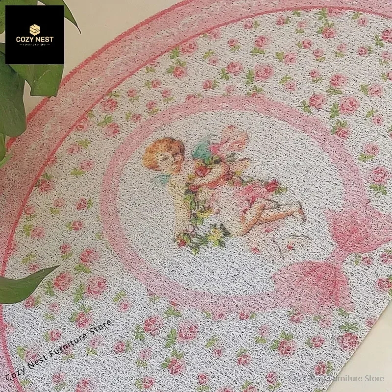 Home Doormat European Retro Pink Dust Removal Foot Mat Non-slip Semicircle Small Rug Angel Rose Print French Home Doormats