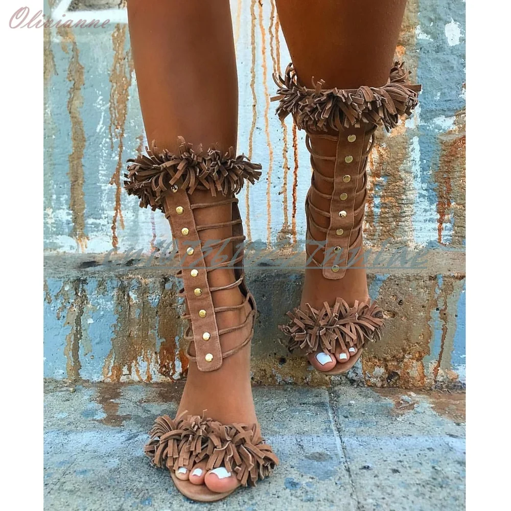 

Fashion Olive Green Tassel Suede Heels Cutout Ankle Strap Stiletto Sandals for Party Club Runway T-Strap Women Shoes