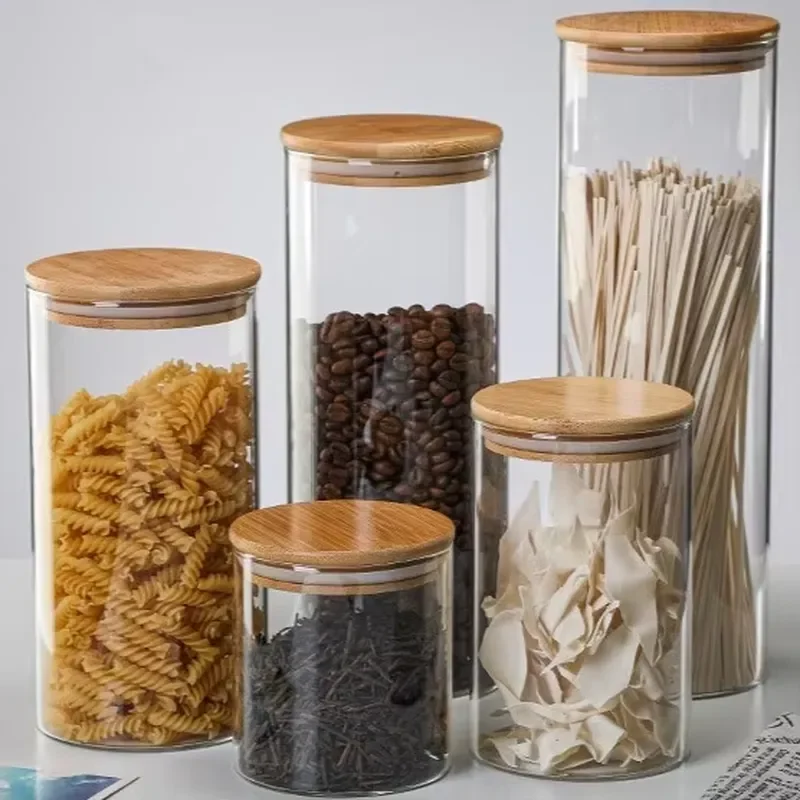 Borosilicate Glass Spice Jar With Bamboo Lid Airtight Kitchen Storage Container For Seasoning Sugar Salt Coffee Bean