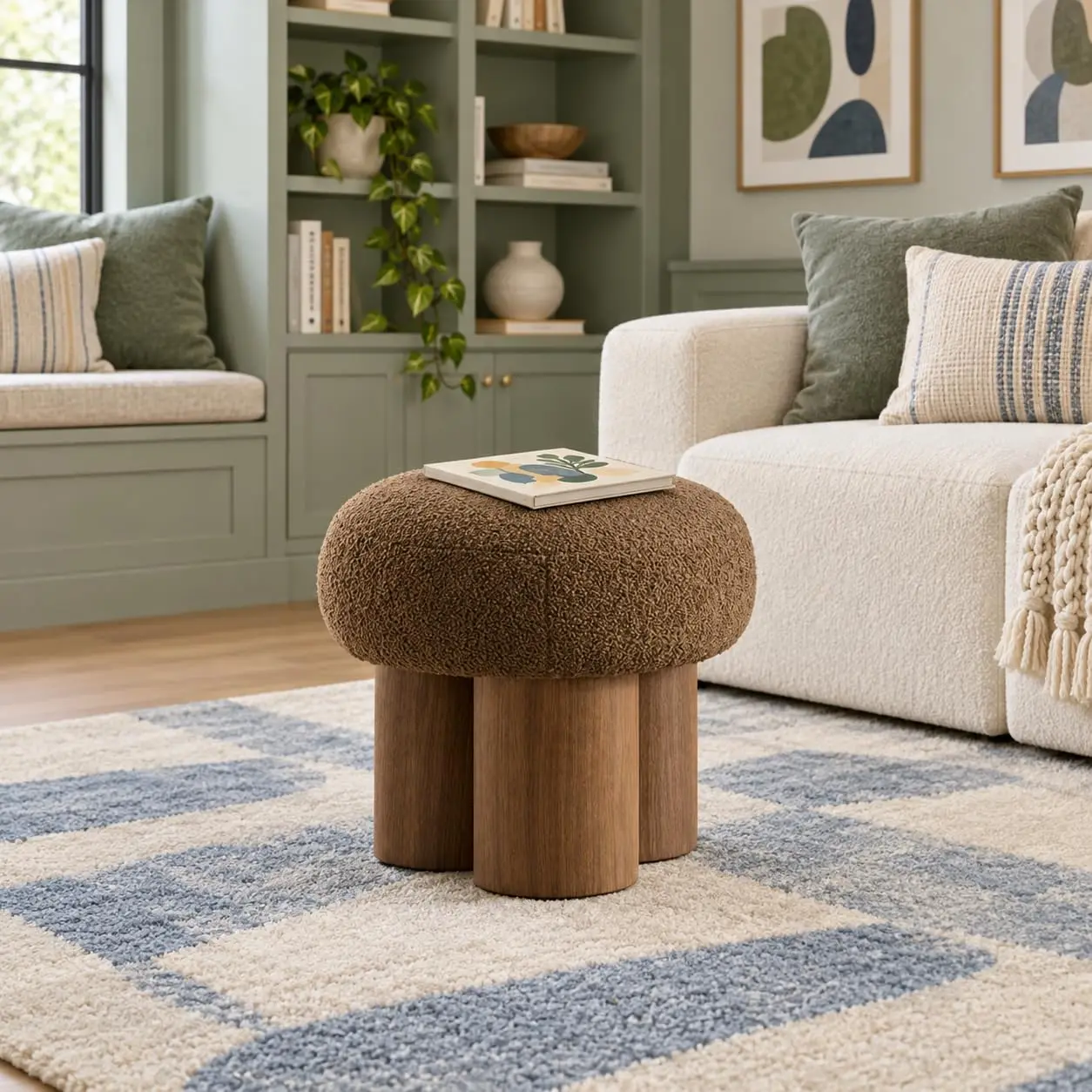 Teddy Fabric Mushroom Ottoman Stool with 3 Legs, Small Round Foot Rest for Living Room & Bedroom, 16.54'', Customized view 6