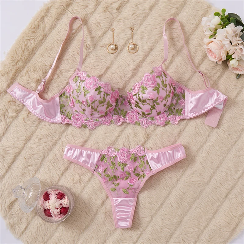 

Fancy Embroidery Lingerie Steel Ring Bra Set Beautiful Erotic Lingerie Attractive Chest Mesh Underwear Luxury Sexy Lingerie Set