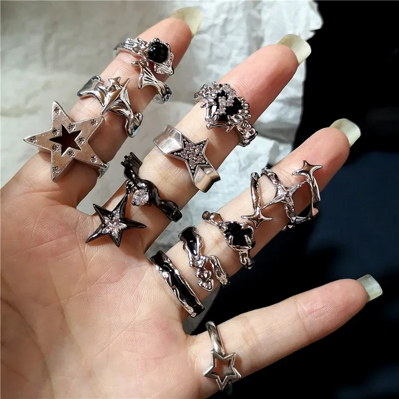 Kpop Goth Punk Vintage Aesthetic Geometric Irregular Star Silver Color Ring For Women Egirl Grunge Y2K EMO Jewelry Accessories