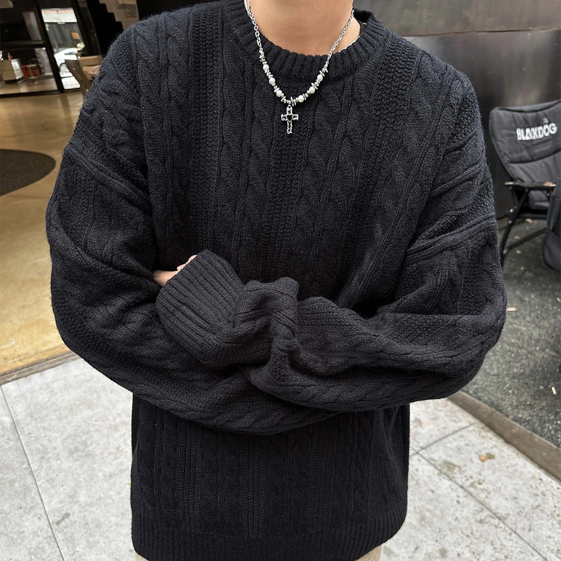 

Charcoal Cable Knit Sweater for Men Oversized Round Neck Pullover Lazy Style Knitwear Top Y2K Gray Knitwear Fashion Aesthetic