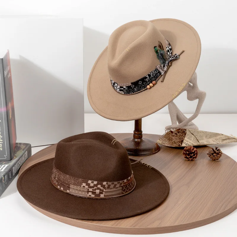 New Vintage Fedora Hat For Women And Men Wide Brim Felt Cap Feather Band Western Style Panama Hat Spring Autumn Wool Felt Hats