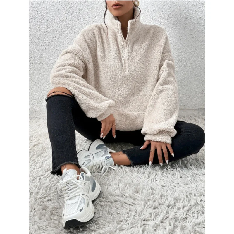 

2025 Autumn Winter New Women's Furry Fleece Lined Stand Collar Hoodie Casual Sweatshirt Top