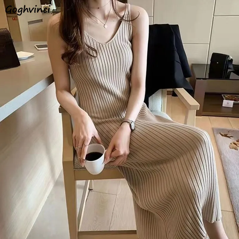 

Sleeveless Dresses Women All-match Solid Simple Trendy Chic Temper Knitted Spring Summer Vestidos V-neck Casual Ins Popular Y2k